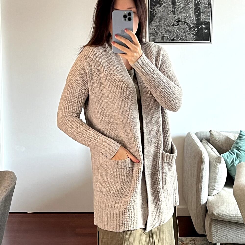 Barefoot Dreams Cozychic Lite Long Weekend Waffle Knit Light gray Cardigan S - Picture 2 of 6